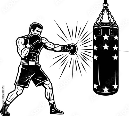 Black and white vector illustration of a strong muscular boxer delivering an impact punch to a star-decorated hanging punching bag, representing determination, training,