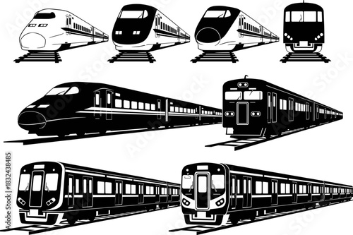Black and white vector illustration set displaying various modern high-speed railway trains, bullet trains, and commuter rail transport vehicles, presented in diverse perspectives and frontal views.
