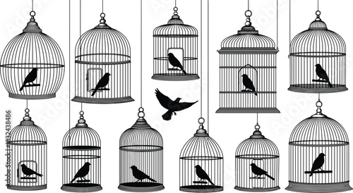 Collection of Hanging Bird Cages with Silhouettes of Birds Inside, One Bird Escaping and Flying, Minimalist Black and White Vector Illustration Symbolizing Freedom, Confinement, and Captivity 