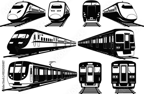 Black and white vector illustration set featuring various modern high-speed trains, bullet trains, and subway railway transport locomotives, depicted in different perspectives and frontal views.