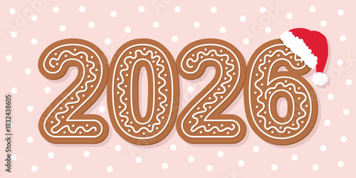 2026 gingerbread cookies, decorated numbers with santa hat, holiday graphic design for t-shirts, banners, posters, greeting cards, vector illustration