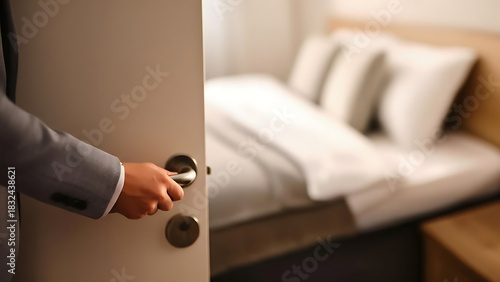 Sophisticated traveler entering hotel room, inviting luxury and comfort for a relaxing getaway, creating a sense of anticipation and new beginnings