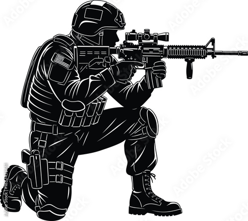 Detailed Black Silhouette Vector of a Military Soldier or SWAT Officer Kneeling and Aiming a Tactical Rifle with Scope, Perfect for Security, War, and Strategy Graphics