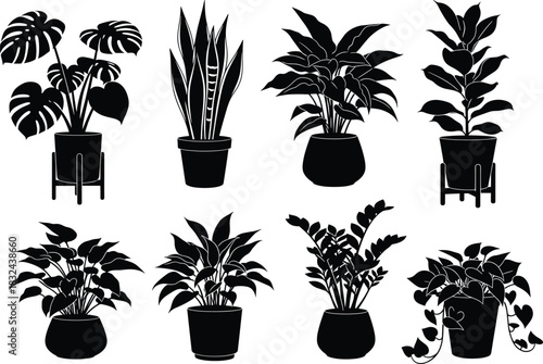 Silhouette collection of indoor potted houseplants with diverse leaf shapes and decorative containers for botanical, minimalist, and modern design themes.
