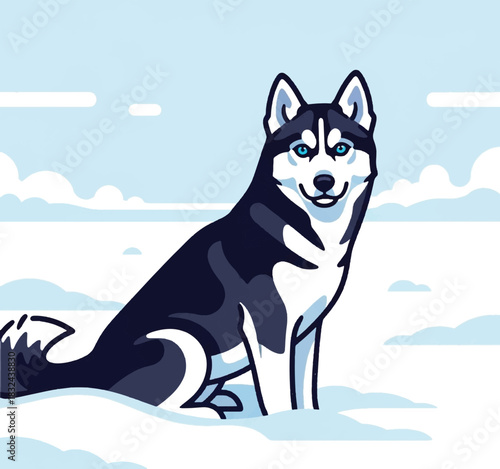 An illustrated Siberian husky dog with striking blue eyes sitting calmly in a serene, snowy winter landscape.