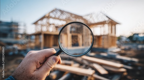 engineer use magnifying glass inspecting construction new house.inspecting construction and quality assurance new house. Engineers or architects or contactor work to build the house.