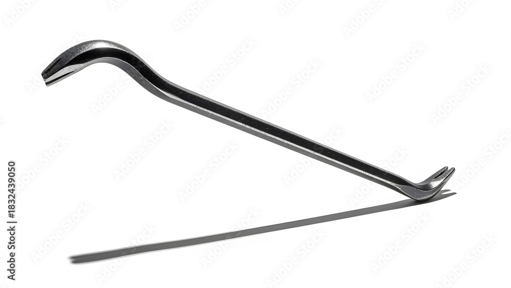 Fototapeta premium Metal Crowbar on Shadow: A sleek, metallic crowbar casting a defined shadow, showcasing its distinct shape and design. Its curved form and angled end represent the strength and leverage.