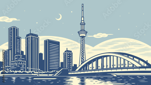 Tokyo skyline vector art features skyscrapers, skytree, and a bridge. Suitable for website banners, travel brochures, and citythemed designs.