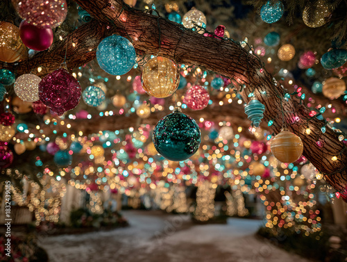 a vibrant outdoor Christmas setting with colorful lanterns hanging from trees, creating a magical and festive atmosphere. The pathway is lined with additional fairy lights