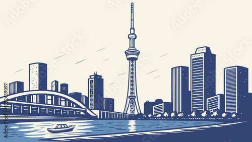Tokyo skyline vector art with skytree, bridge, boat. Suitable for travel brochures, website banners, and cityscapethemed designs.