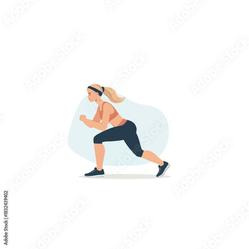 Dynamic athletic woman illustration performing a lunge fitness workout training exercise promoting