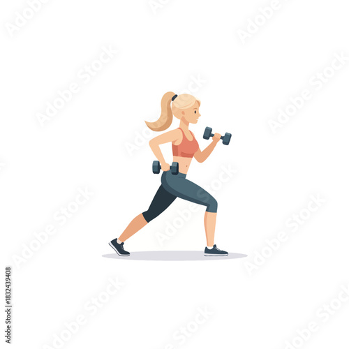 Dynamic fitness illustration depicting a blonde woman engaged in strength training dumbbell