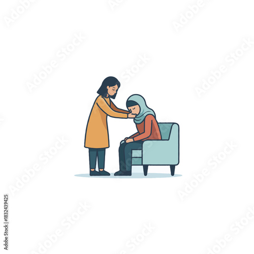 Empathy shines through as woman offers comforting touch to a saddened companion creating a moment