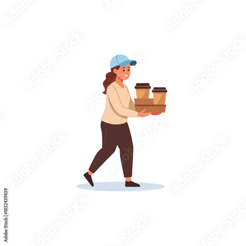 Energetic coffee delivery girl walking fast with coffee cups and boxes, ready to serve customers