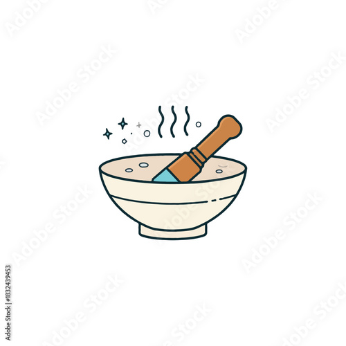 Ethereal alchemy illustration presenting mystical potion brewing with wooden wand in ceramic bowl