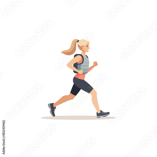 Focused female athlete jogging with weighted vest, embodying dedication and pushing physical