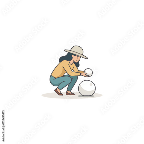Girl Squatting with Spheres and Hat Illustrates Simple Cartoon Scene Perfect for Children's