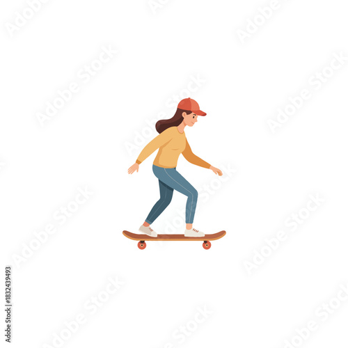 Illustrated girl on a skateboard enjoying outdoor activity showcasing youthful adventures and