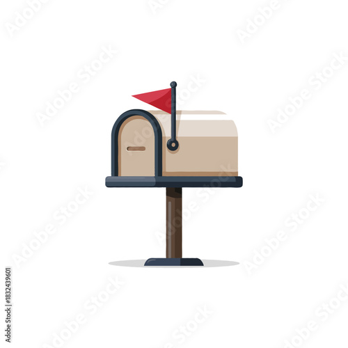 Solitary mailbox with signal flag atop a metal stand against a white backdrop suggesting