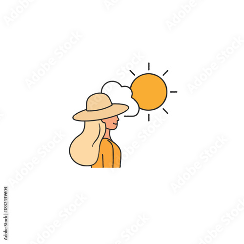 Stylized depiction of a woman enjoying sun-drenched weather with her trendy hat and blond hair