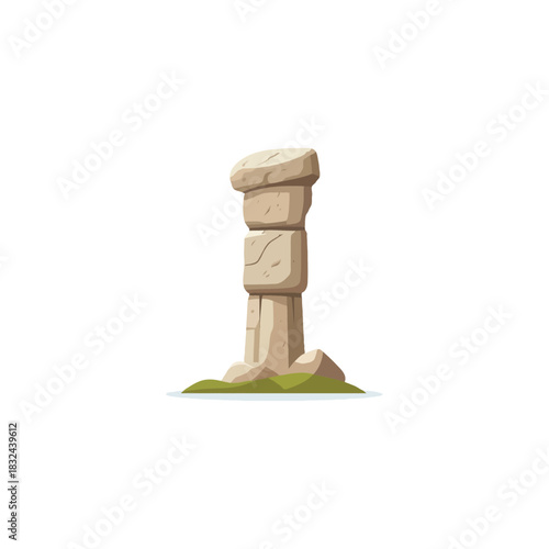 Solitary rock formation atop verdant hill presents captivating monument displaying ancient charm