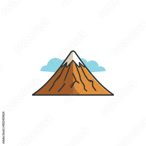 Stylized mountain peak illustration with snowcap and puffy blue clouds in cartoonish style with