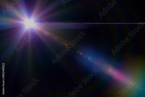 Bright white light lens flare with vibrant purple and blue colors creating a luminous starburst effect and horizontal streak on a dark black background