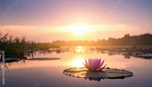A pink lotus flower rests on a lily pad in tranquil water, reflecting the warm colors of a sunset. The sky is filled with soft hues of pink and orange.