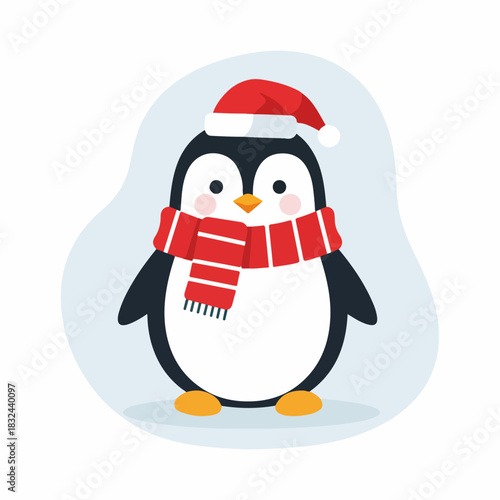 Adorable Penguin Celebrating Christmas Wearing Santa Hat and Striped Scarf