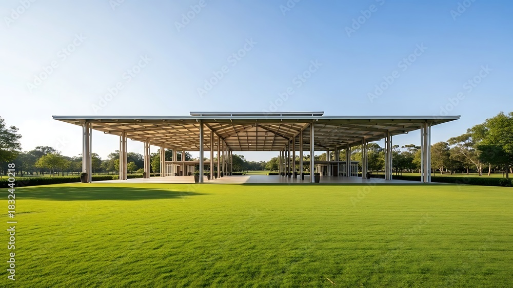 Naklejka premium Modern Pavilion Structure in a Green Field Under Blue Sky.
