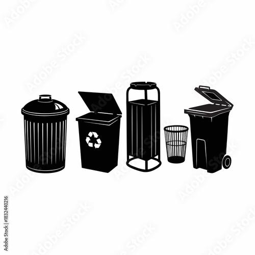 Collection of Waste Garbage Trash Recycling Bins Silhouette Icons