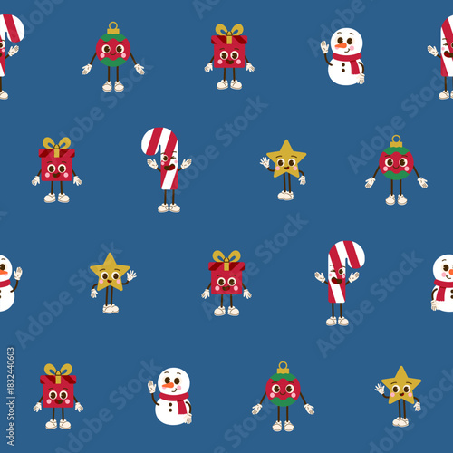 Świąteczny wzór bezszwowy z uroczymi postaciami – bałwanki, prezenty, bombki, gwiazdki i słodycze. Bożonarodzeniowe tło wektorowe.