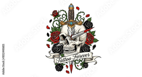 Cartoon-style skull with a dagger and roses 'Tattoo Forever' banner isolated on white background