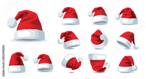 Vector Set of Various Detailed Santa Claus Hats in Different Angles and Sizes for Festive Christmas Season Designs and Projects.