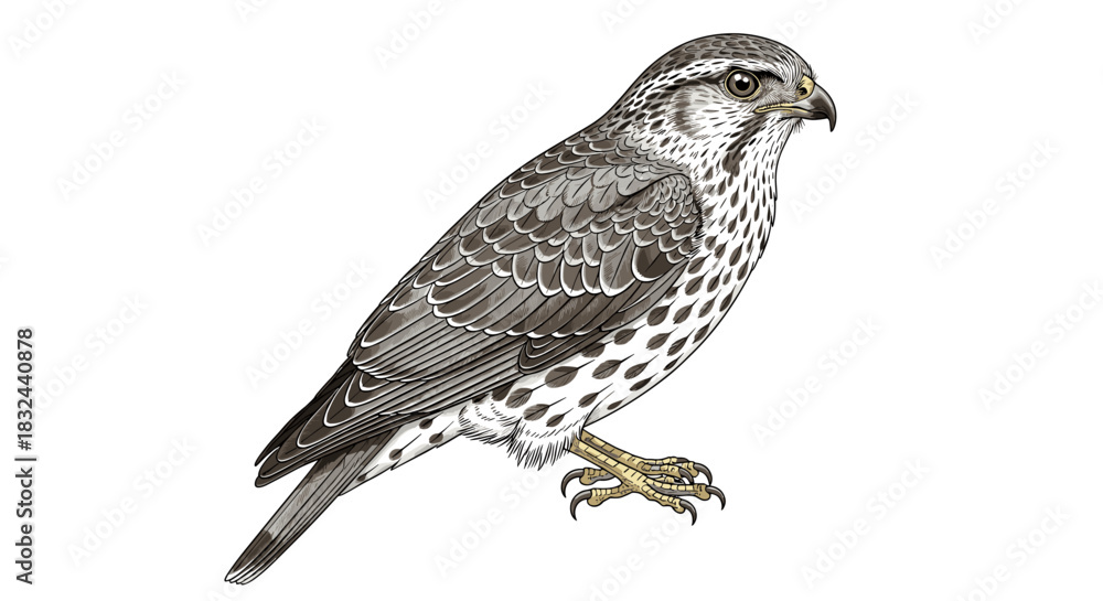 Fototapeta premium Detailed cartoon-style illustration of a majestic Saker Falcon bird of prey isolated on a clean white background