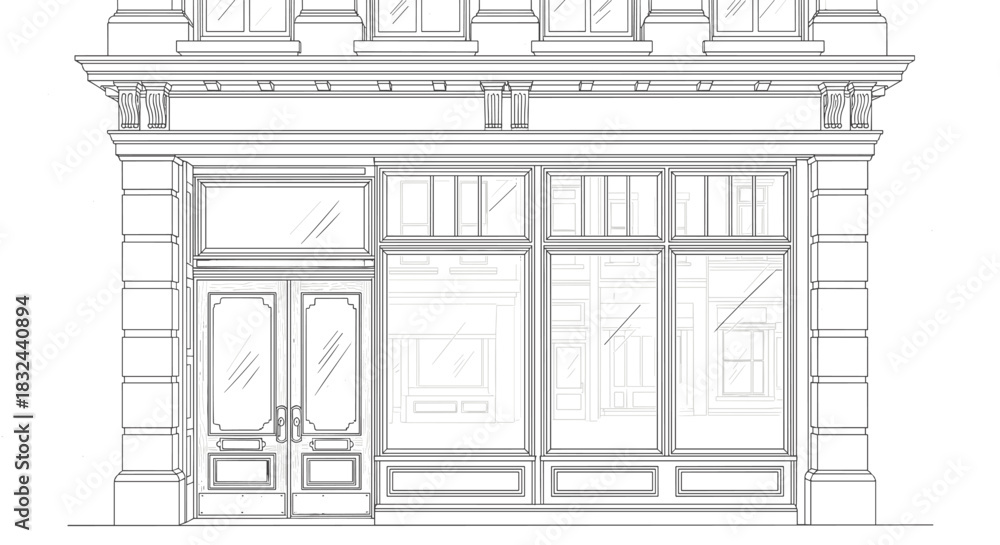 Fototapeta premium Hand-drawn architectural sketch of a classic storefront facade with display windows, isolated on a white background.