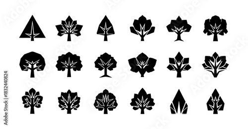 Collection of stylized tree icons in black and white.