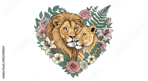 Loving lion and lioness cartoon illustration within a beautiful floral heart isolated on white background