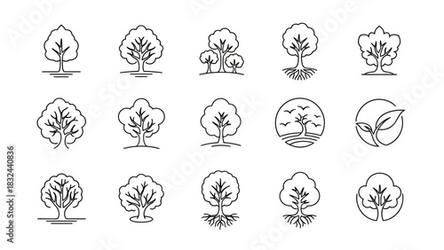 Collection of Tree Line Art Illustrations for Logo Design.