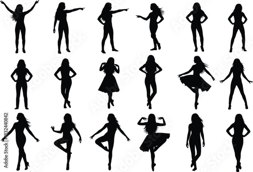 Female silhouette poses collection, expressive dance and gesture movements in black vector style, standing, pointing, pirouette, isolated on white background