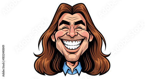 Joyful long-haired man with a wide smile expression cartoon-style illustration isolated on white background