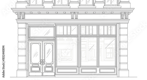 Hand-drawn architectural sketch of a classic storefront facade with display windows, isolated on a white background.
