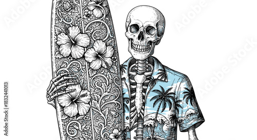 Skeleton in Hawaiian shirt holding surfboard ready for summer beach vacation isolated on white background