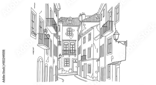 Cartoon-style illustration of a charming narrow European city street with historic architecture isolated on white
