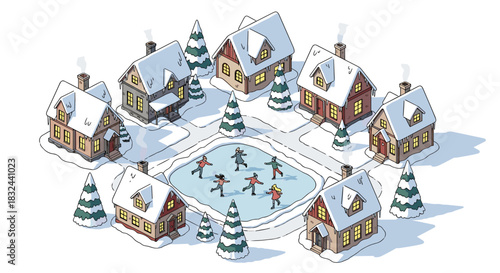Winter village illustration with people ice skating on a frozen pond isolated on white background