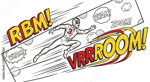 Cartoon illustration depicting a super fast runner with dynamic speed lines and exciting comic book effects