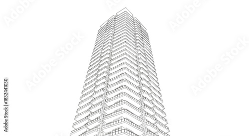 Modern high-rise building architectural line art illustration representing urban development isolated on white background