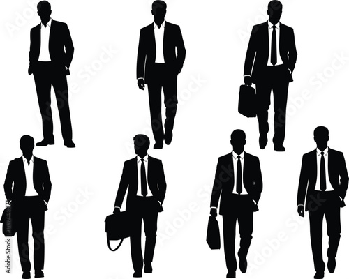 Businessmen walking and standing in silhouette style, corporate professionals in suits with briefcases, isolated black vector poses for stock use