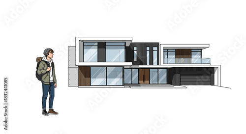 Young man with backpack stands near a sleek modern house cartoon-style illustration isolated on white background