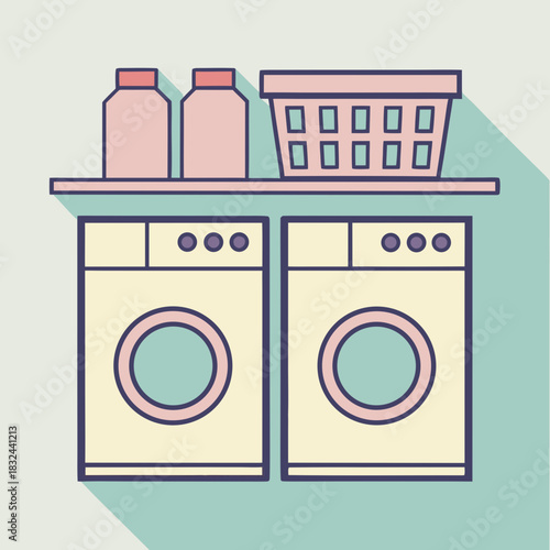 Laundry Day: A neat, minimalist illustration showcasing laundry essentials: washing machine, detergents and laundry basket, capturing the essence of home chores.